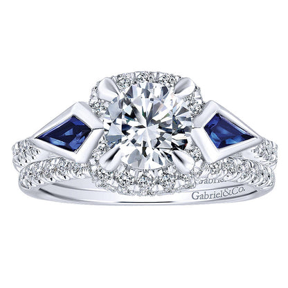 14K White Gold Diamond ANd SApphire 3 Stones Halo 14K White Gold Engagement Ring ER12127R4W44SA