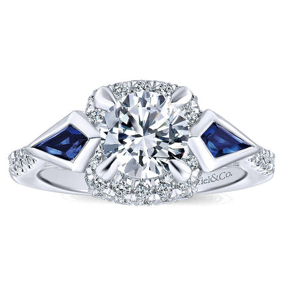 14K White Gold Diamond ANd SApphire 3 Stones Halo 14K White Gold Engagement Ring ER12127R4W44SA