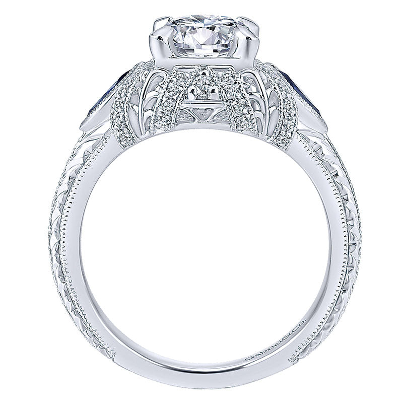 14K White Gold Diamond ANd SApphire 3 Stones Halo 14K White Gold Engagement Ring ER12583R4W44SA