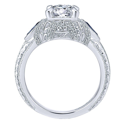 14K White Gold Diamond ANd SApphire 3 Stones Halo 14K White Gold Engagement Ring ER12583R4W44SA