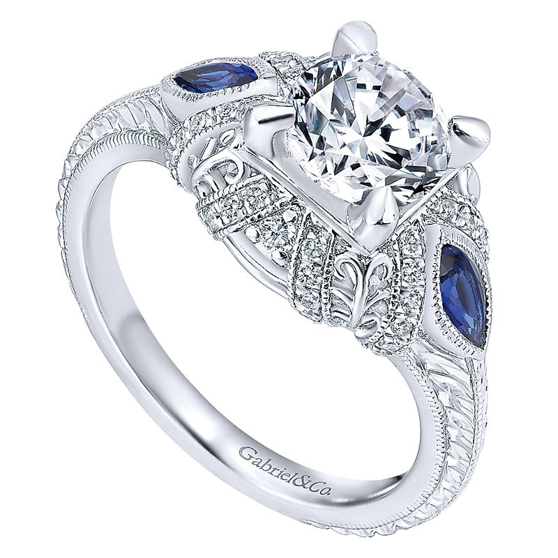 14K White Gold Diamond ANd SApphire 3 Stones Halo 14K White Gold Engagement Ring ER12583R4W44SA