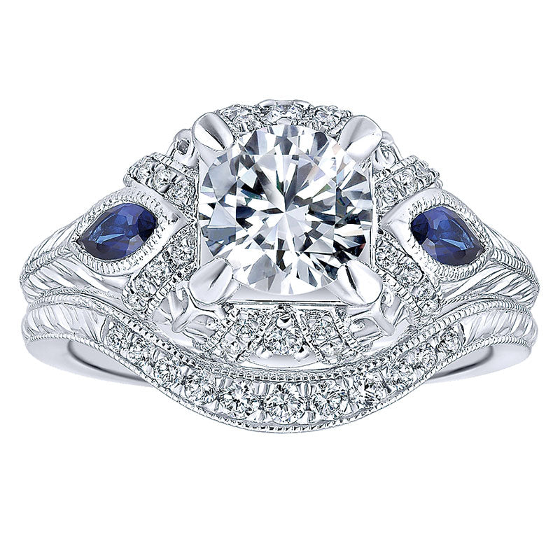 14K White Gold Diamond ANd SApphire 3 Stones Halo 14K White Gold Engagement Ring ER12583R4W44SA