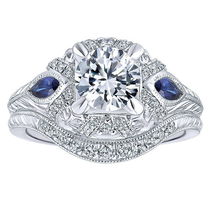 14K White Gold Diamond ANd SApphire 3 Stones Halo 14K White Gold Engagement Ring ER12583R4W44SA