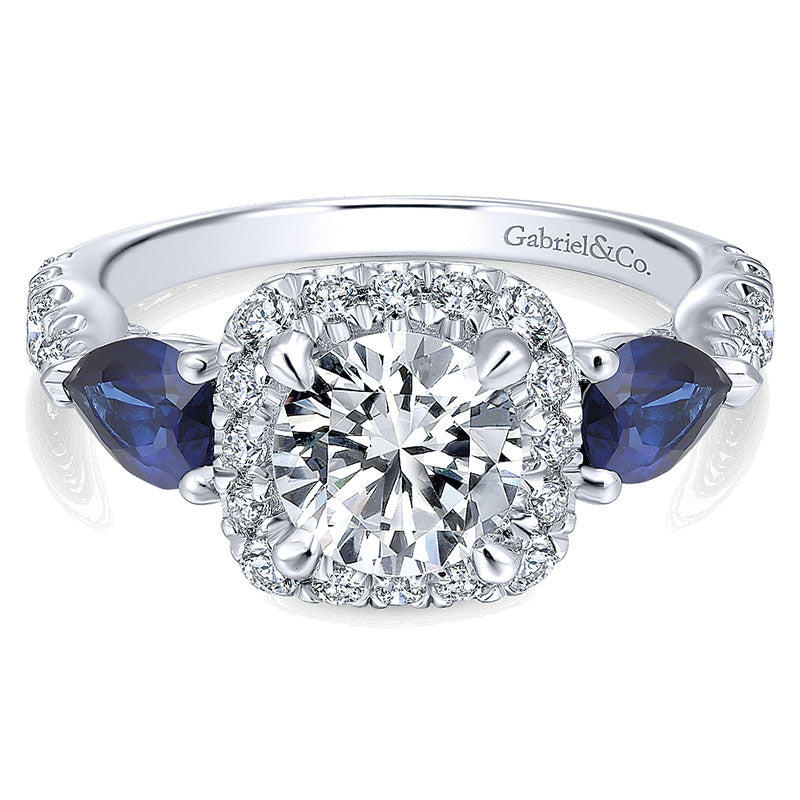 14K White Gold Diamond ANd SApphire 3 Stones Halo 14K White Gold Engagement Ring ER12617R4W44SA