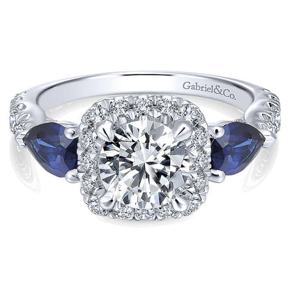 14K White Gold Diamond ANd SApphire 3 Stones Halo 14K White Gold Engagement Ring ER12617R4W44SA