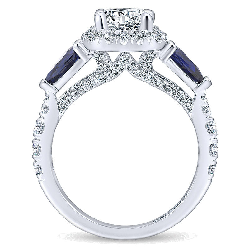 14K White Gold Diamond ANd SApphire 3 Stones Halo 14K White Gold Engagement Ring ER12617R4W44SA
