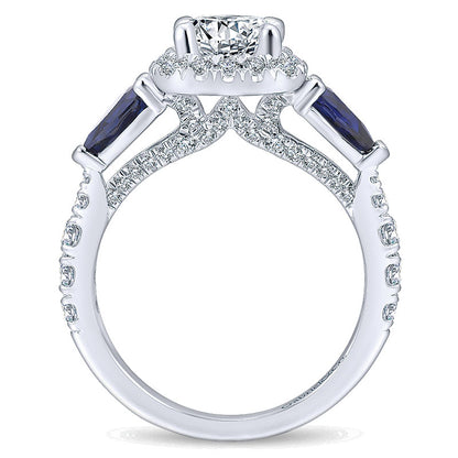 14K White Gold Diamond ANd SApphire 3 Stones Halo 14K White Gold Engagement Ring ER12617R4W44SA