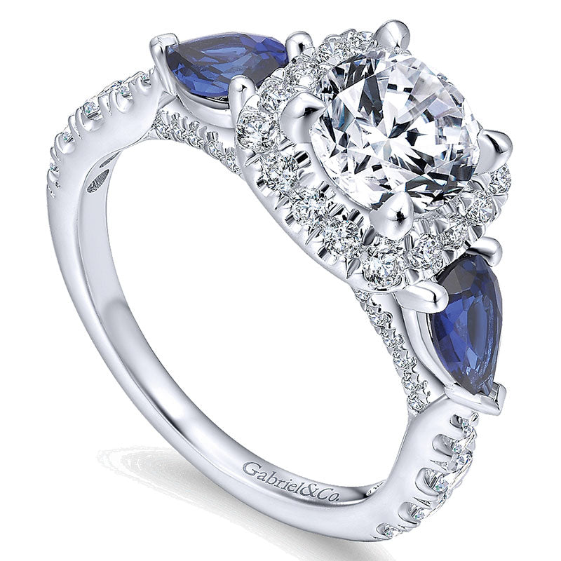 14K White Gold Diamond ANd SApphire 3 Stones Halo 14K White Gold Engagement Ring ER12617R4W44SA