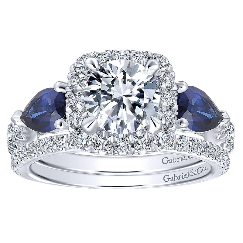 14K White Gold Diamond ANd SApphire 3 Stones Halo 14K White Gold Engagement Ring ER12617R4W44SA