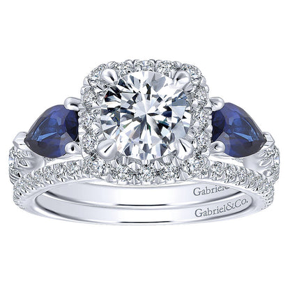 14K White Gold Diamond ANd SApphire 3 Stones Halo 14K White Gold Engagement Ring ER12617R4W44SA