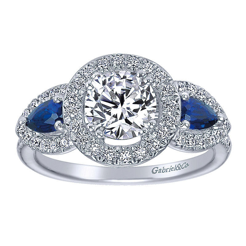Engagement Ring 14k White Gold Diamond And Sapphire 3 Stones Halo