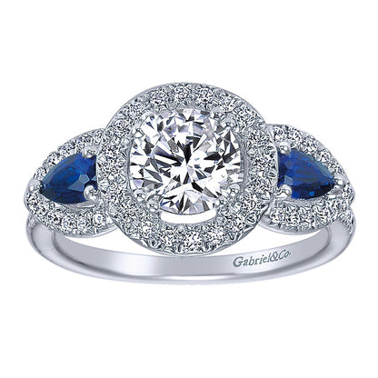 Engagement Ring 14k White Gold Diamond And Sapphire 3 Stones Halo