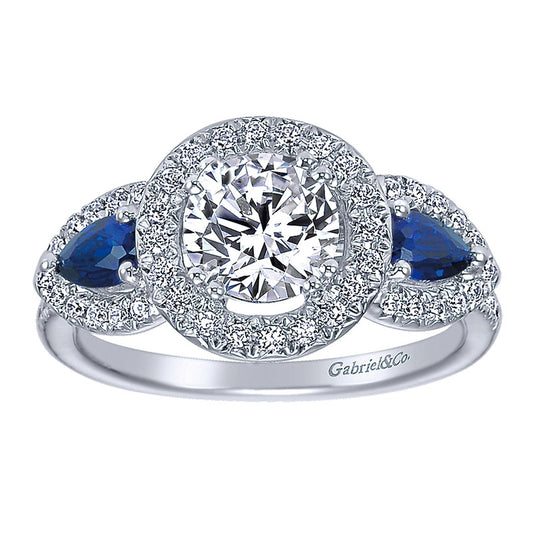 Engagement Ring 14k White Gold Diamond And Sapphire 3 Stones Halo
