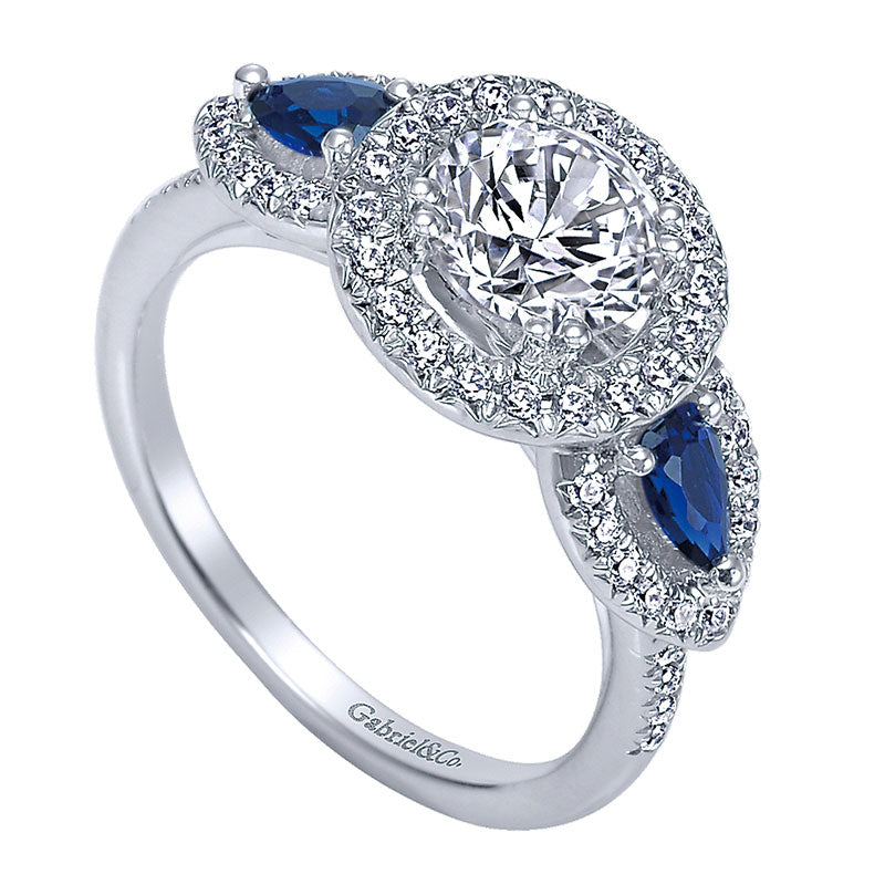 Engagement Ring 14k White Gold Diamond And Sapphire 3 Stones Halo