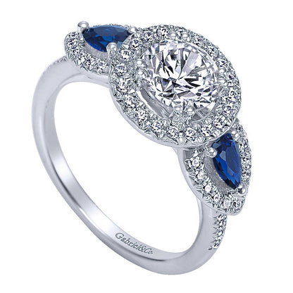 Engagement Ring 14k White Gold Diamond And Sapphire 3 Stones Halo