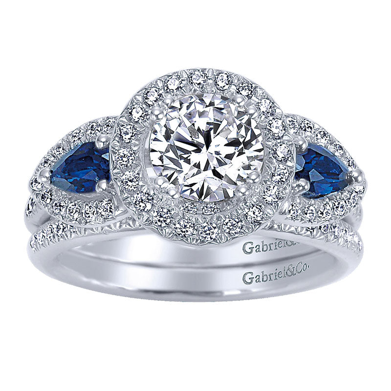 Engagement Ring 14k White Gold Diamond And Sapphire 3 Stones Halo