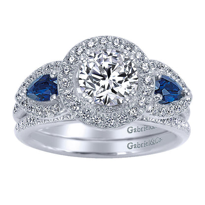 Engagement Ring 14k White Gold Diamond And Sapphire 3 Stones Halo