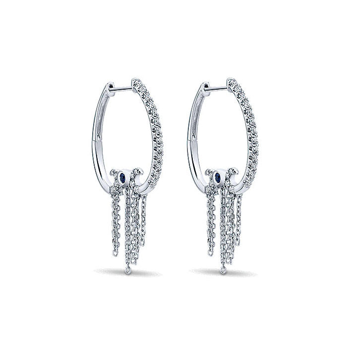 14k White Gold Diamond And Sapphire Intricate Hoop Earrings