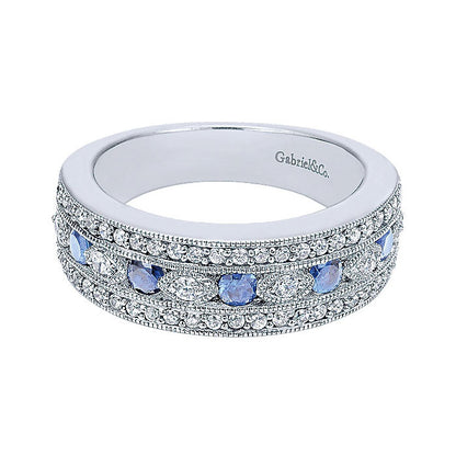 14k White Gold Diamond And Sapphire Wide Band Ladies' Ring