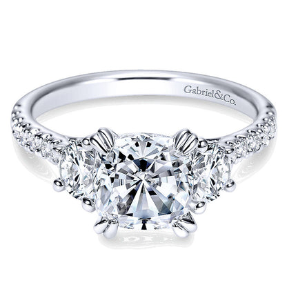 14K White Gold Diamond 3 Stone Cushion Cut ANd Pave Band 14K White Gold Engagement Ring ER9044W44Jj