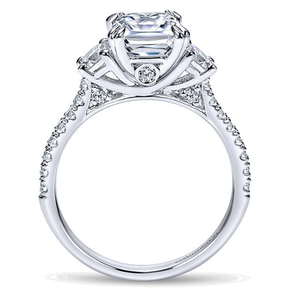 14K White Gold Diamond 3 Stone Cushion Cut ANd Pave Band 14K White Gold Engagement Ring ER9044W44Jj
