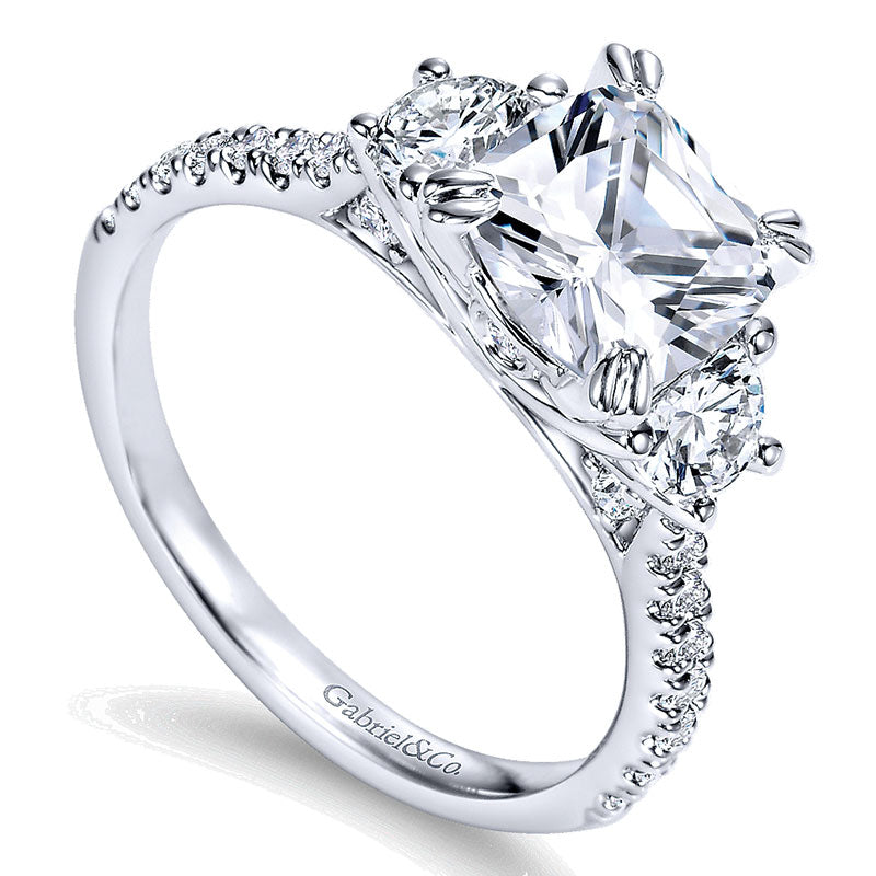 14K White Gold Diamond 3 Stone Cushion Cut ANd Pave Band 14K White Gold Engagement Ring ER9044W44Jj