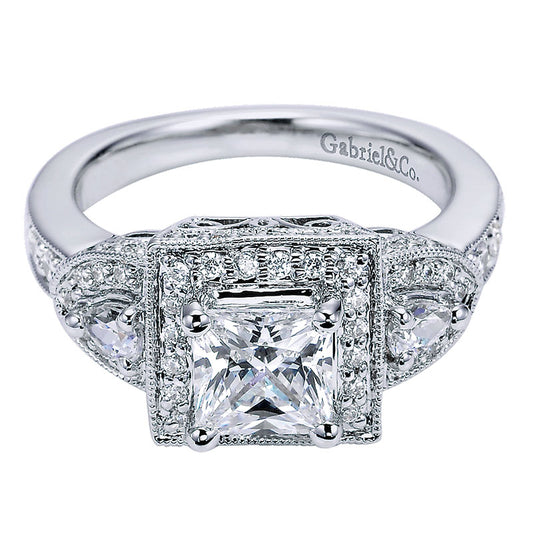 Engagement Ring 14k White Gold Diamond 3 Stones Halo