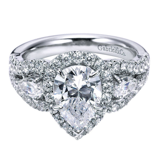 14K White Gold Diamond 3 Stones Halo 14K White Gold Engagement Ring ER5785W44Jj