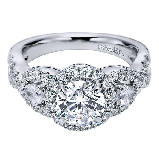 Engagement Ring 14k White Gold Diamond 3 Stones Halo
