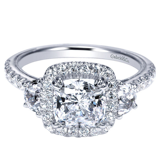 Engagement Ring 14k White Gold Diamond 3 Stones Halo