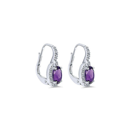 14k White Gold Diamond Amethyst Drop Earrings