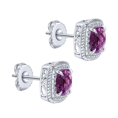 14k White Gold Diamond Amethyst Stud Earrings