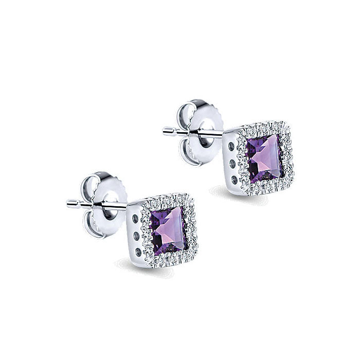 14k White Gold Diamond Amethyst Stud Earrings