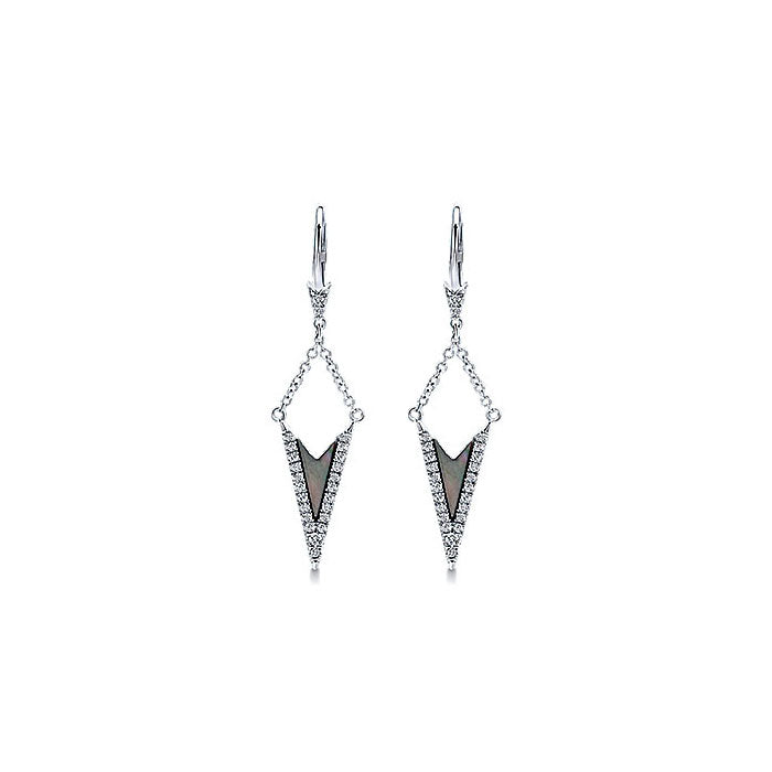 14k White Gold Diamond Black Mother Of Pearl Drop Earrings