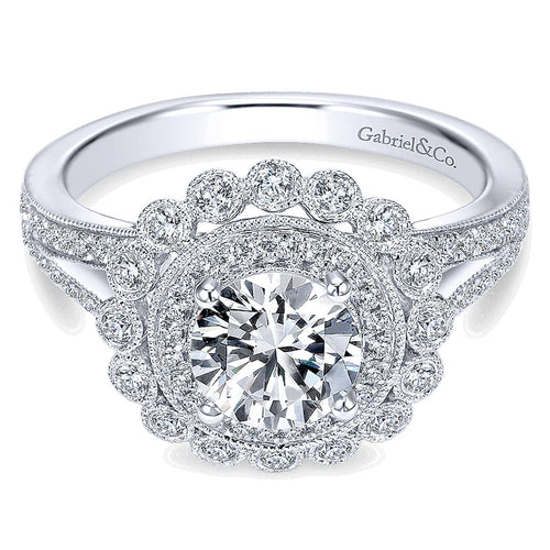 14K White Gold Diamond Double Pave Halo With Channel Split Shank 14K White Gold Engagement Ring ER75