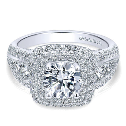 14K White Gold Diamond Double Pave Halo ANd Milgrain 14K White Gold Engagement Ring ER10103W44Jj