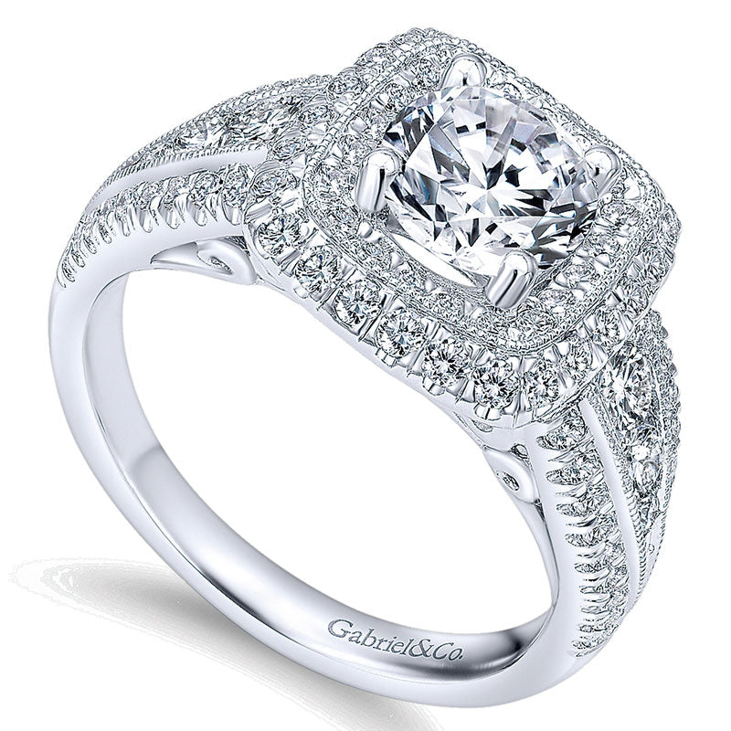 14K White Gold Diamond Double Pave Halo ANd Milgrain 14K White Gold Engagement Ring ER10103W44Jj