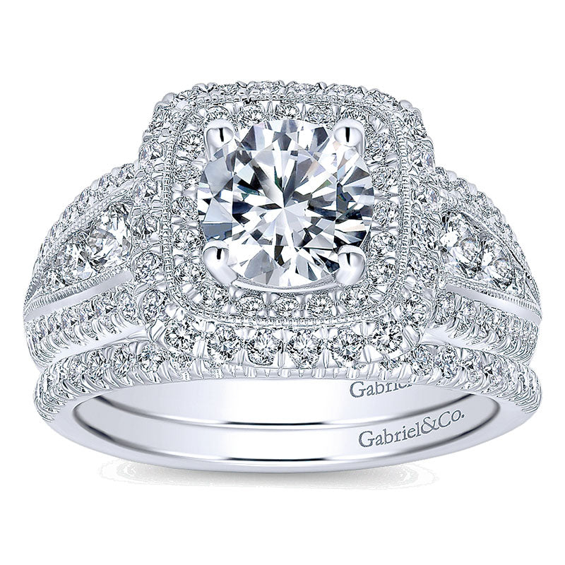 14K White Gold Diamond Double Pave Halo ANd Milgrain 14K White Gold Engagement Ring ER10103W44Jj