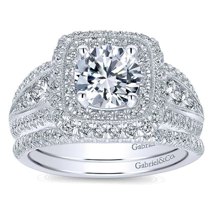 14K White Gold Diamond Double Pave Halo ANd Milgrain 14K White Gold Engagement Ring ER10103W44Jj