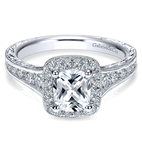 14K White Gold Diamond Halo Channel ANd Milgrain 14K White Gold Engagement Ring ER8793W44Jj