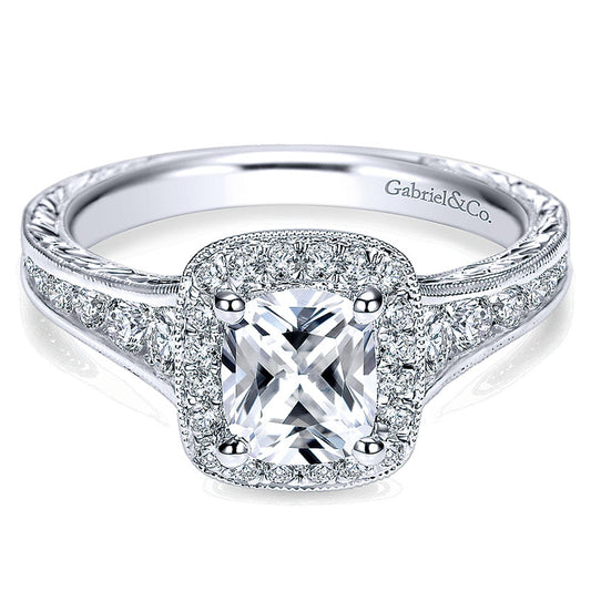 14K White Gold Diamond Halo Channel ANd Milgrain 14K White Gold Engagement Ring ER8793W44Jj