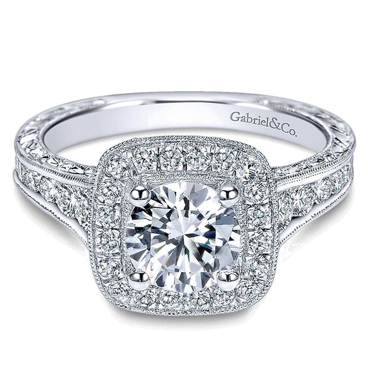 14K White Gold Diamond Halo Channel ANd Milgrain 14K White Gold Engagement Ring ER8794W44Jj