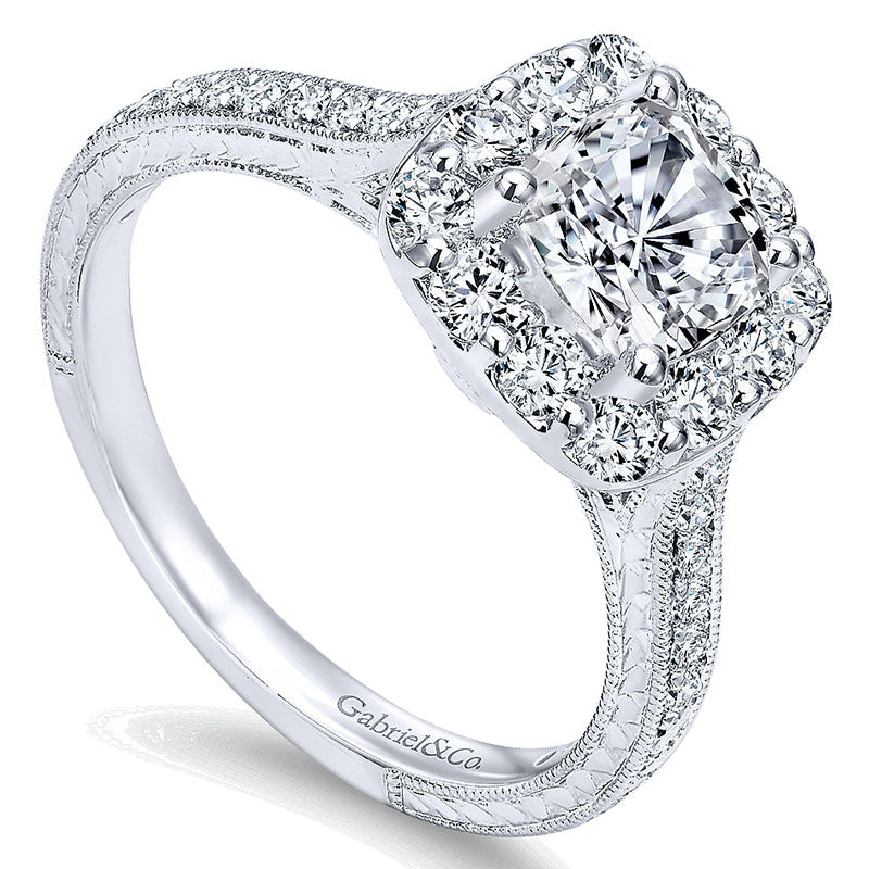 14K White Gold Diamond Halo On A Channel ANd Milgrain Shank 14K White Gold Engagement Ring ER7500W44