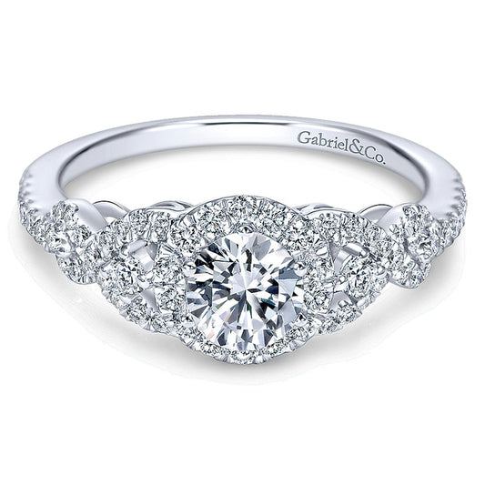 14K White Gold Diamond Halo Slight Twisted Shank 14K White Gold Engagement Ring ER6951W44Jj