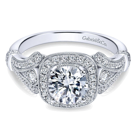 14K White Gold Diamond Halo ANd Filgree Setting 14K White Gold Engagement Ring ER7479W44Jj