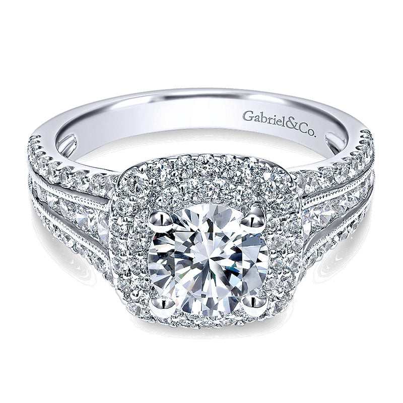 14K White Gold Diamond Milgrain ANd Channel Setting Double Halo 14K White Gold Engagement Ring ER117
