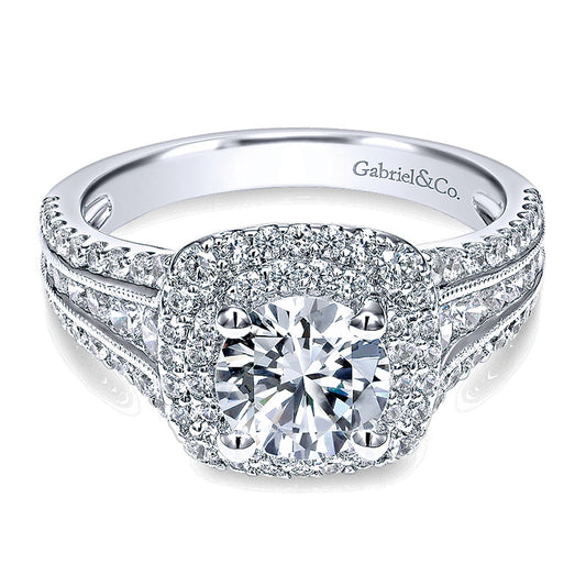 14K White Gold Diamond Milgrain ANd Channel Setting Double Halo 14K White Gold Engagement Ring ER117