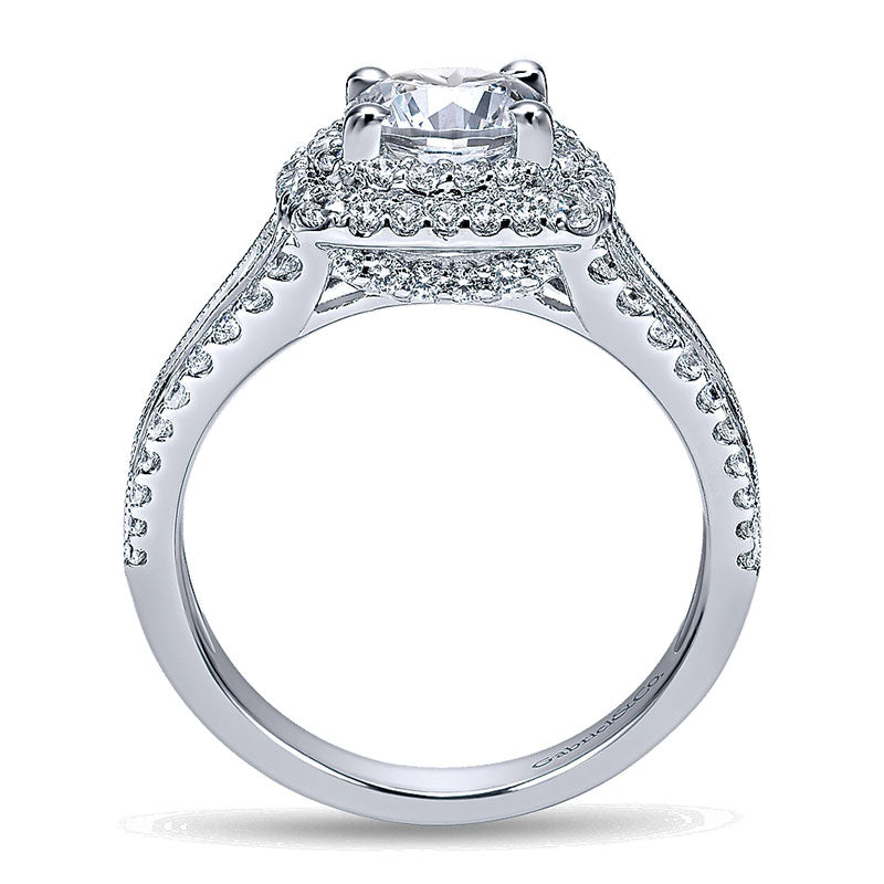 14K White Gold Diamond Milgrain ANd Channel Setting Double Halo 14K White Gold Engagement Ring ER117