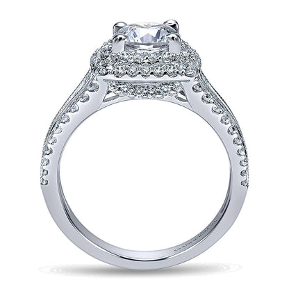 14K White Gold Diamond Milgrain ANd Channel Setting Double Halo 14K White Gold Engagement Ring ER117