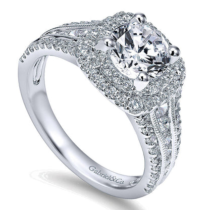 14K White Gold Diamond Milgrain ANd Channel Setting Double Halo 14K White Gold Engagement Ring ER117
